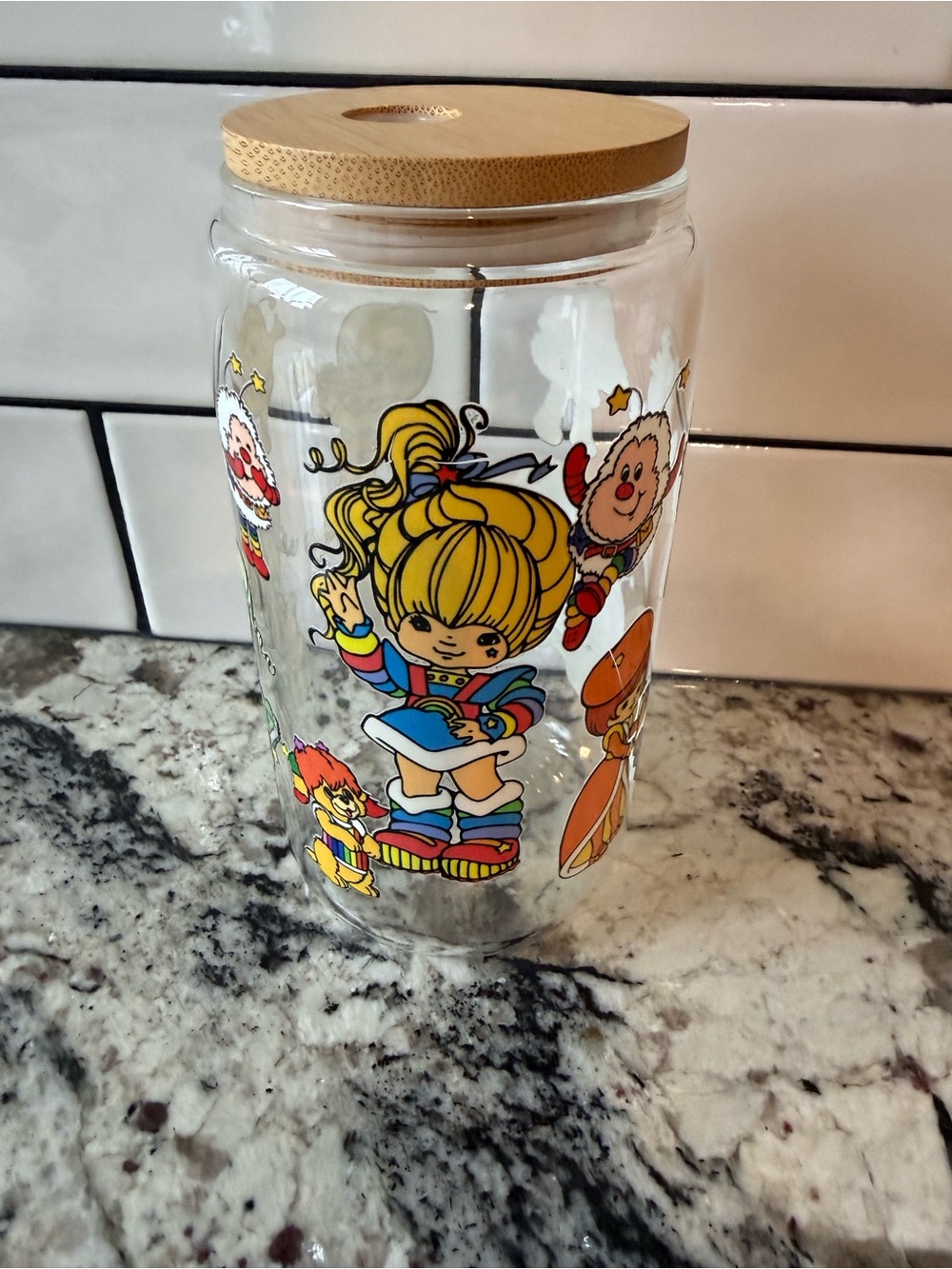Rainbow Brite Glass Tumbler Bamboo Lid - no straw